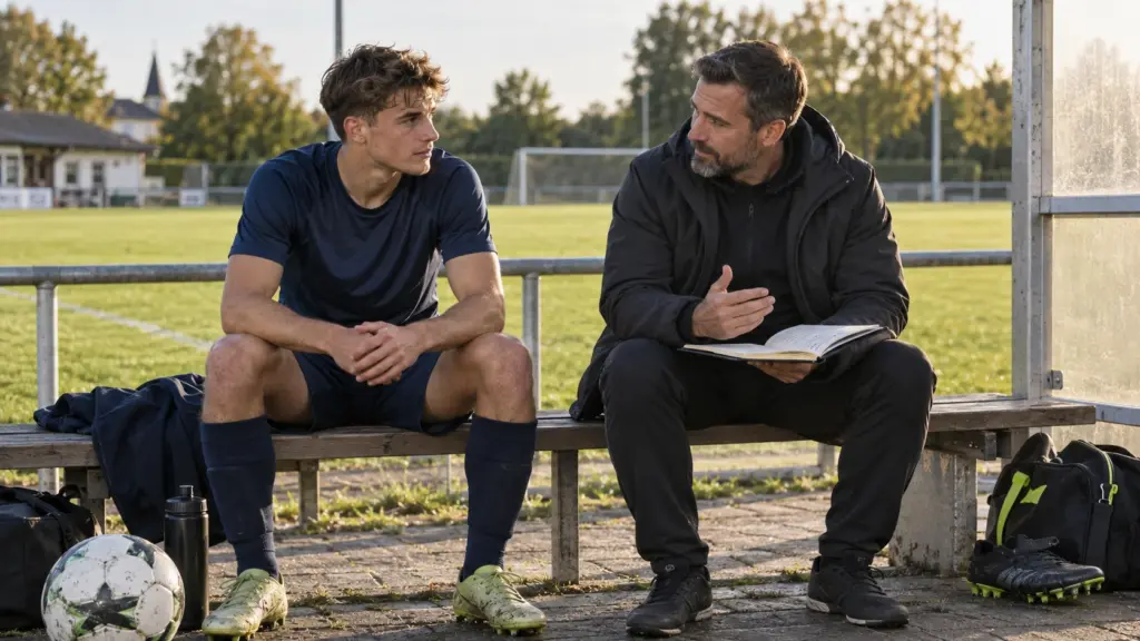 Fußballspieler und Trainer sprechen auf einer Bank am Spielfeld über seine Entwicklung.
