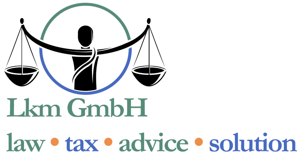 Ein Logo mit einer stilisierten Figur, die eine Waage innerhalb eines Kreises hält und damit Ausgewogenheit und Teamwork widerspiegelt. Darunter steht "Lkm GmbH" und "law - tax - advice - solution" in den Farben grün, orange, blau und türkis - perfekt für Ihr Goal Sportmanagement Team.