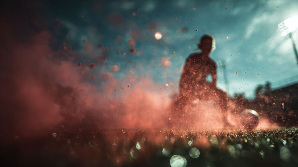 Ein silhouettierter Spielerberater steht auf einem Sportplatz mit einem Fußball in der Nähe, umgeben von rotem Rauch und Trümmern im Vordergrund, während helle Stadionlichter den bewölkten Himmel dahinter erhellen.