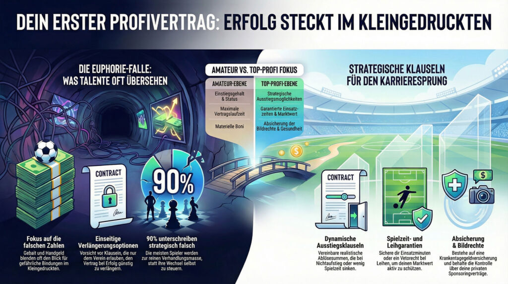 Infografik zum Vergleich von Verträgen für Sportler: Auf der linken Seite werden Fallstricke wie das Übersehen von Talenten und irreführende Statistiken aufgezeigt; auf der rechten Seite werden Strategien für den beruflichen Aufstieg wie dynamische Verträge und Prämien hervorgehoben; es werden verschiedene Icons und Illustrationen verwendet.