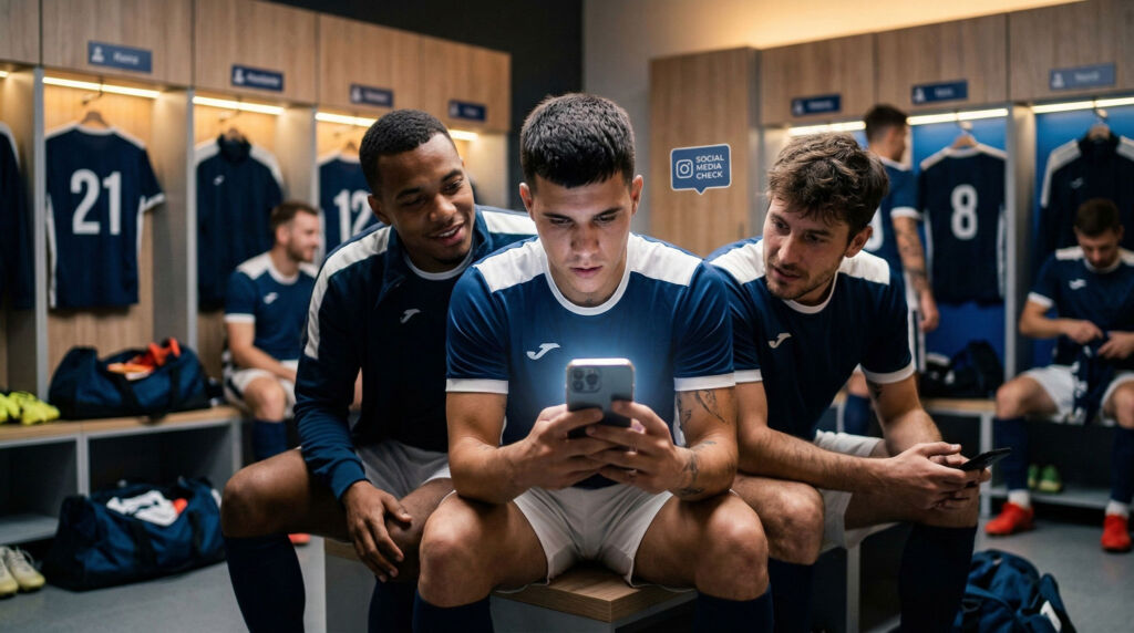 Drei männliche Fußballspieler in blauen Trikots sitzen auf einer Bank in einer Umkleidekabine. Der Spieler in der Mitte schaut auf ein Smartphone, während die beiden anderen lächelnd zuschauen. Im Hintergrund sind Sporttaschen und nummerierte Schließfächer zu sehen.