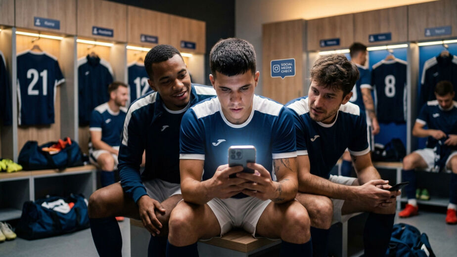 Drei männliche Fußballspieler in blauen Trikots sitzen auf einer Bank in einer Umkleidekabine. Der Spieler in der Mitte schaut auf ein Smartphone, während die beiden anderen lächelnd zuschauen. Im Hintergrund sind Sporttaschen und nummerierte Schließfächer zu sehen.