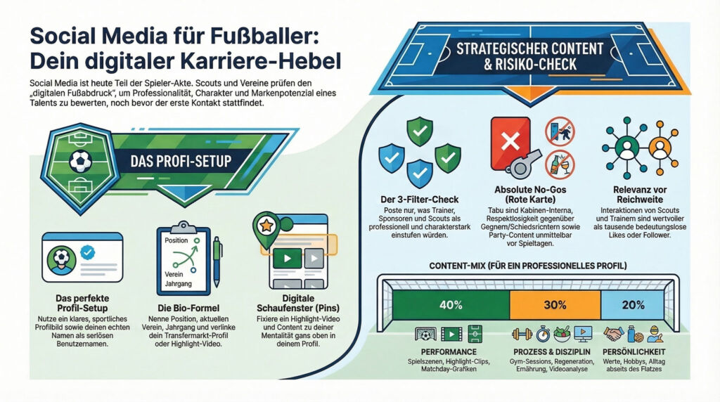 Infografik zum Thema Social-Media-Setup für Fußballer mit Tipps zur Einrichtung von Profilen, prozentualen Anteilen am Content-Mix und einem Leitfaden zum Content- und Risiko-Check mit Symbolen für Dos und Don'ts auf digitalen Plattformen.