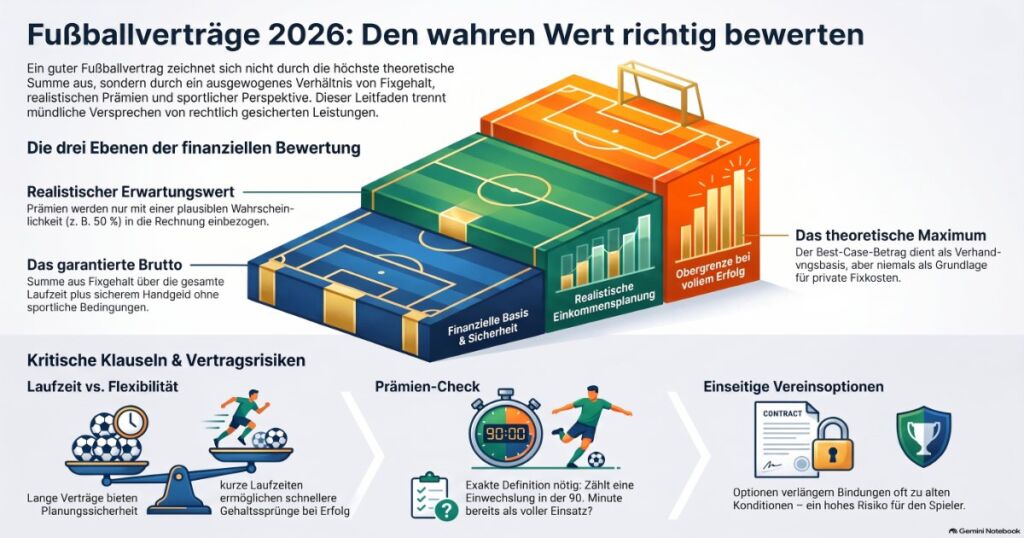 Fußballvertrag vergleichen: Infografik zu garantiertem Fixgehalt, realistischen Prämien, theoretischem Maximum und kritischen Vertragsklauseln.