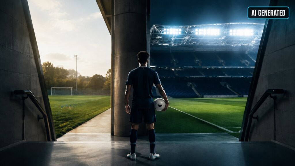 Junger Fußballspieler am Übergang vom U19 Platz in ein Herrenstadion.