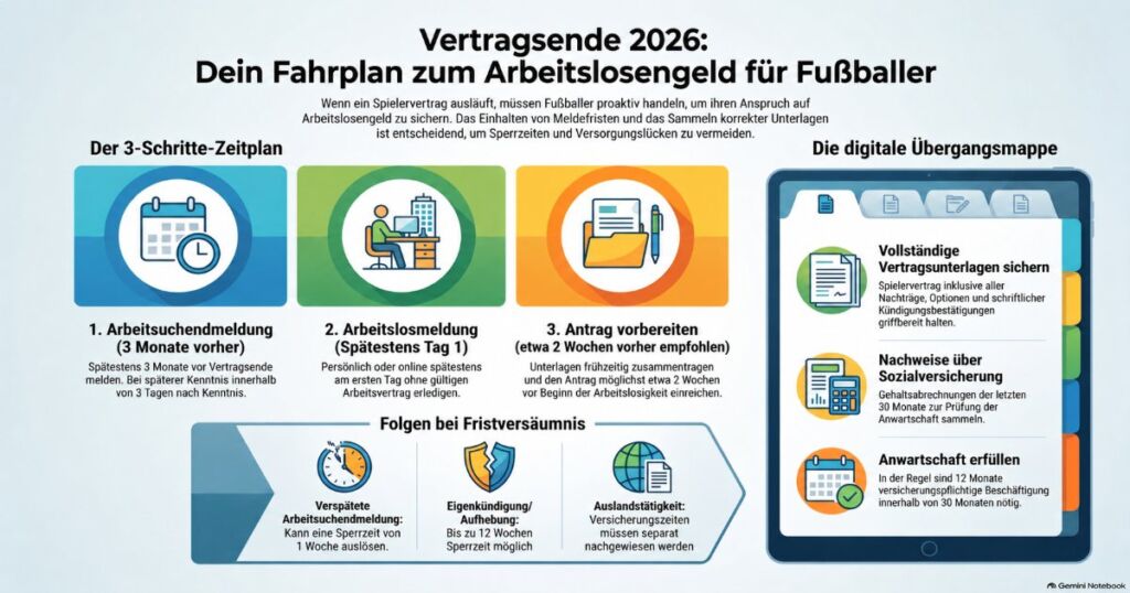 Infografik zum Arbeitslosengeld für Fußballer mit Meldefristen, Antragsvorbereitung und wichtigen Unterlagen nach dem Vertragsende.