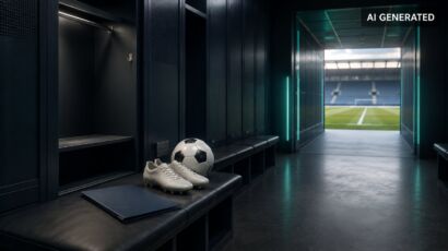 Leere Fußballkabine mit Fußballschuhen und Vertragsmappe zum Thema Arbeitslosengeld für Fußballer.