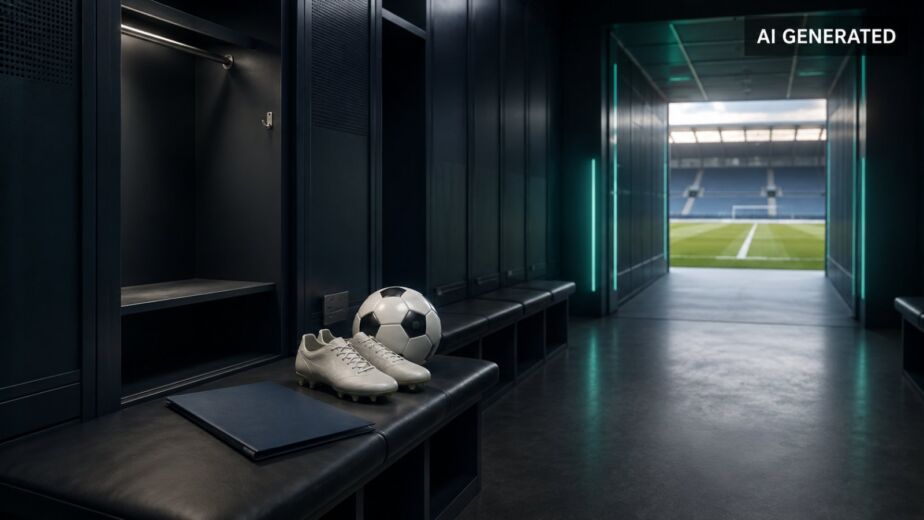Leere Fußballkabine mit Fußballschuhen und Vertragsmappe zum Thema Arbeitslosengeld für Fußballer.