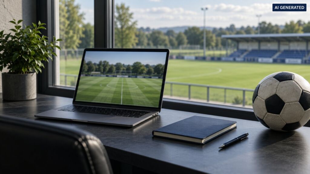 Laptop mit Fußballfeld, Notizbuch und Ball zur Vorbereitung einer Spielanalyse im Fußball.