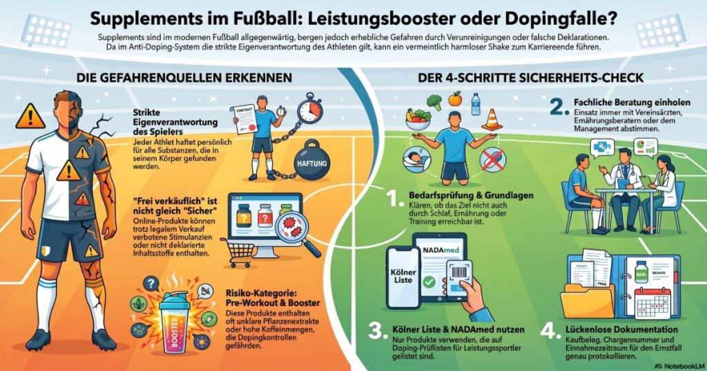 Infografik auf Deutsch, die die Risiken von Nahrungsergänzungsmitteln im Fußball aufzeigt, erklärt, wie man Gefahrenquellen erkennt, Risikokategorien vorstellt und einen vierstufigen Sicherheitscheck für die Einnahme von Nahrungsergänzungsmitteln enthält, mit Abbildungen von Fußballspielern, Nahrungsergänzungsmitteln und Symbolen für die Checkliste.