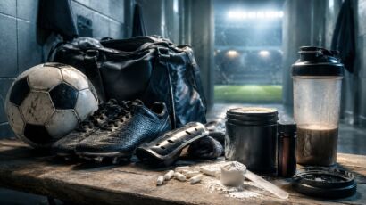 Ein Fußball, schwarze Stollenschuhe, Schienbeinschoner, eine schwarze Sporttasche, Proteinpulver, eine Shaker-Flasche, Nahrungsergänzungsmittel und ein Messlöffel Pulver liegen auf einer Holzbank in einem Umkleideraum, im Hintergrund ist ein beleuchtetes Stadion zu sehen.