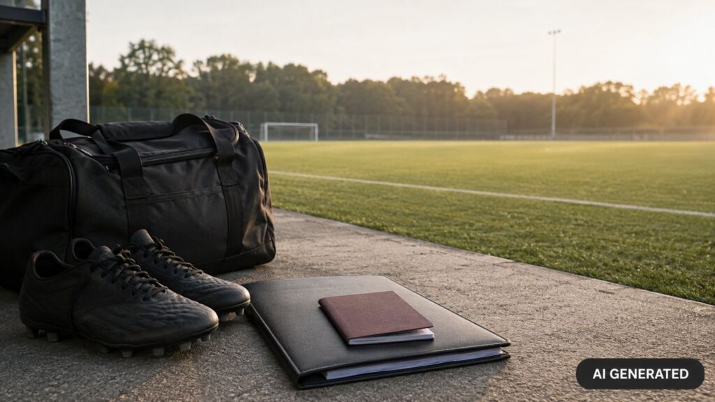 Fußballschuhe, Reisetasche, Reisepass und Unterlagen als Symbol für den internationalen Transfer minderjähriger Fußballspieler