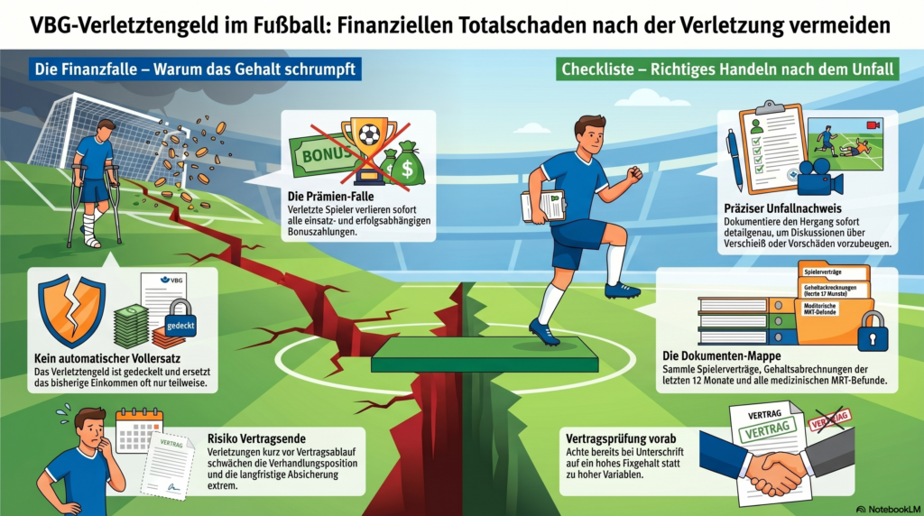 Infografik zeigt Fußballspieler mit Verletzung, reduzierte Gehaltszahlungen, Dokumentenmappe, Checkliste zum richtigen Verhalten nach einem Unfall und Icons zu Versicherungen, Risiken und Vertragsprüfung im Kontext von Sportunfällen.