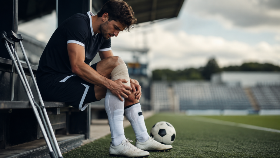 Ein männlicher Fußballspieler sitzt am Rande eines Stadions und hält sein bandagiertes Knie mit schmerzverzerrtem Gesicht. Krücken liegen in der Nähe, und ein Fußball liegt vor ihm auf dem Boden.