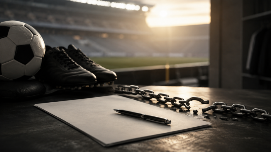 Ein Fußball, Stollenschuhe, eine zerbrochene Kette und ein Kugelschreiber liegen auf einem Tisch mit einem leeren Blatt Papier in einem Stadion, das vom natürlichen Licht des Sonnenuntergangs im Hintergrund beleuchtet wird.