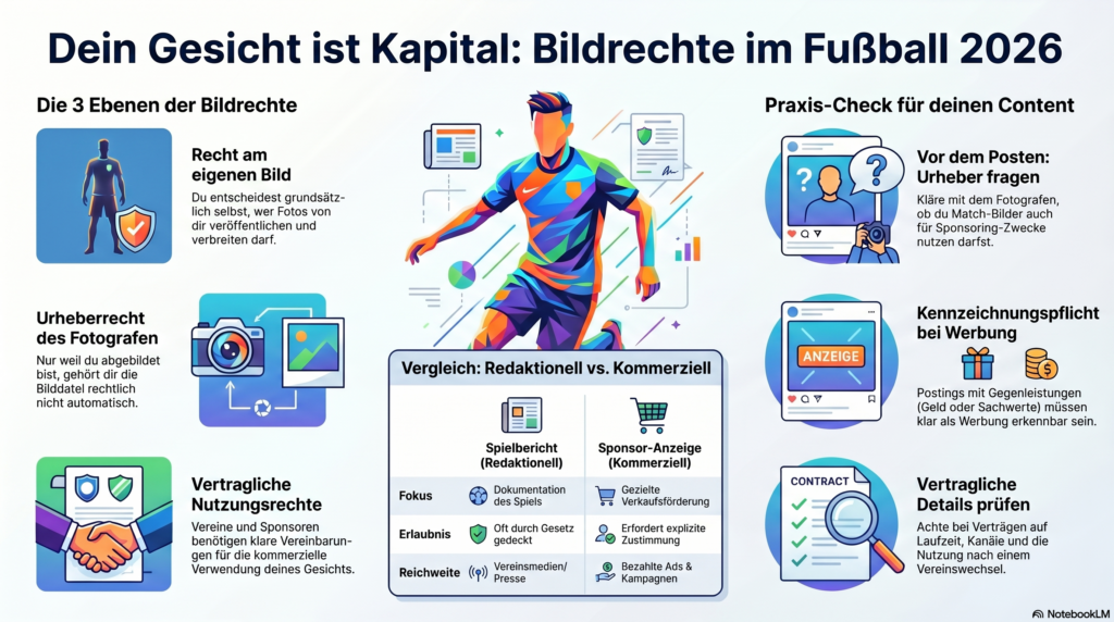 Infografik zum Thema Bildrechte im Fußball 2026, mit einem Fußballspieler in der Mitte, Rechtssymbolen und Text zu Urheberrecht, vertraglicher Nutzung, redaktioneller vs. kommerzieller Nutzung und Tipps zur Bildnutzung.