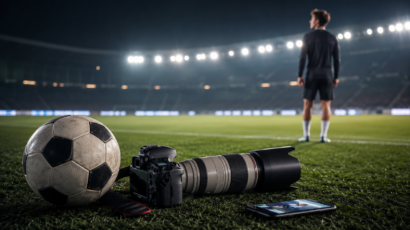 Ein Fußball, eine professionelle Kamera mit großem Objektiv und ein Smartphone liegen auf dem Rasen eines nächtlichen Stadions, während im Hintergrund ein Spieler im Stadionlicht steht.