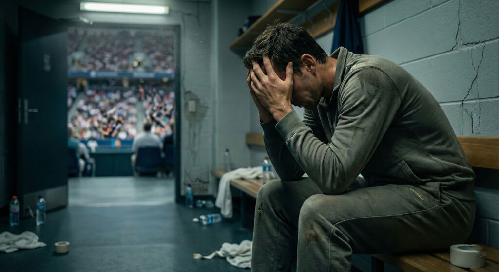 Eine Person in Sportkleidung sitzt auf einer Bank in einer Umkleidekabine und stützt ihren Kopf in die Hände. Der Raum ist unordentlich, und durch eine offene Tür, die zu einem mit Zuschauern gefüllten Stadion führt, ist ein Sportereignis zu sehen.