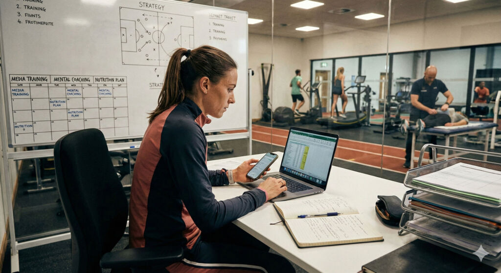 Eine Frau in Sportkleidung sitzt an einem Schreibtisch mit einem Laptop, einem Smartphone und einem aufgeschlagenen Notizbuch. Hinter ihr zeigt ein Whiteboard Trainingspläne an. Durch eine Glaswand hindurch trainieren Menschen in einem Fitnessstudio.