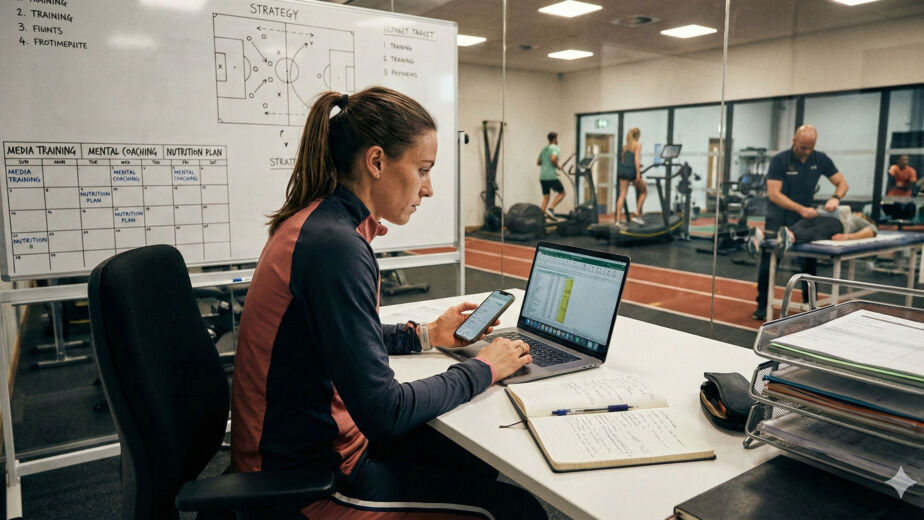 Eine Frau in Sportkleidung sitzt an einem Schreibtisch mit einem Laptop, einem Smartphone und einem aufgeschlagenen Notizbuch. Hinter ihr zeigt ein Whiteboard Trainingspläne an. Durch eine Glaswand hindurch trainieren Menschen in einem Fitnessstudio.