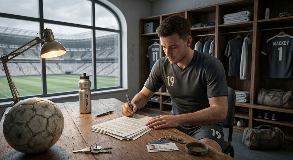 Ein Fußballspieler in Uniform sitzt an einem hölzernen Schreibtisch und unterschreibt Dokumente in einer Umkleidekabine, durch deren Fenster ein Stadion zu sehen ist. Auf dem Schreibtisch liegen ein Fußball, eine Wasserflasche, ein Ausweis, Schlüssel und ein Schlüsselband.