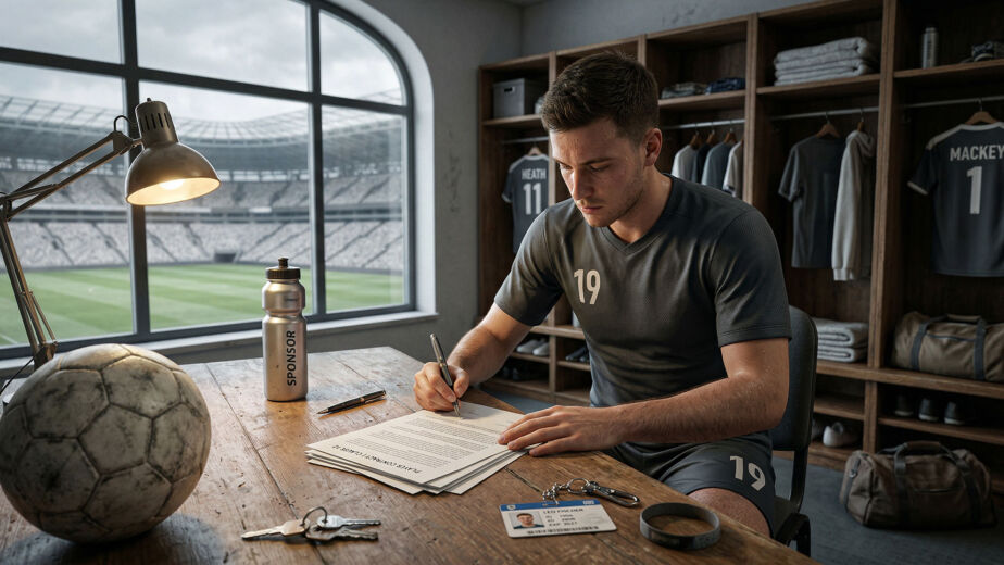 Ein Fußballspieler in Uniform sitzt an einem hölzernen Schreibtisch und unterschreibt Dokumente in einer Umkleidekabine, durch deren Fenster ein Stadion zu sehen ist. Auf dem Schreibtisch liegen ein Fußball, eine Wasserflasche, ein Ausweis, Schlüssel und ein Schlüsselband.