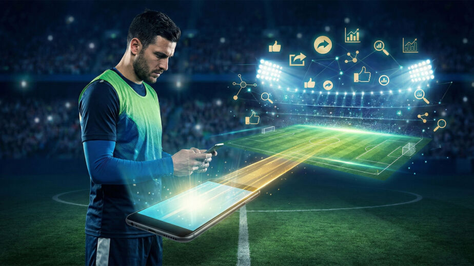 Ein Fußballspieler in Uniform steht auf einem Stadionfeld und schaut auf ein Smartphone. Eine digitale Projektion zeigt ein Fußballfeld und Datensymbole, die aus dem Telefon auftauchen und Technologie und Sportanalyse suggerieren.