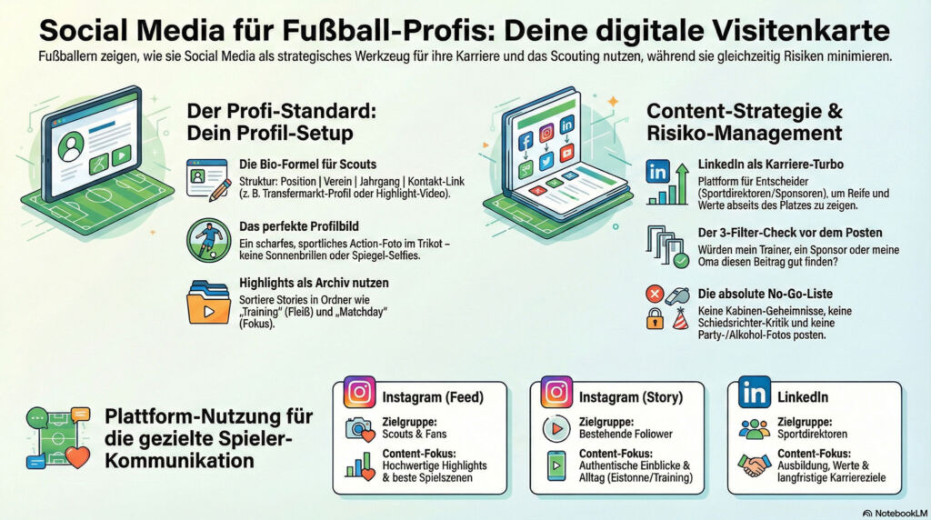 Infografik zeigt Tipps zur Nutzung von Social Media für Fußball-Profis, darunter Profil-Setup, Content-Strategie, Risikomanagement und kanalbasierte Nutzungsempfehlungen für Instagram, LinkedIn und WhatsApp.