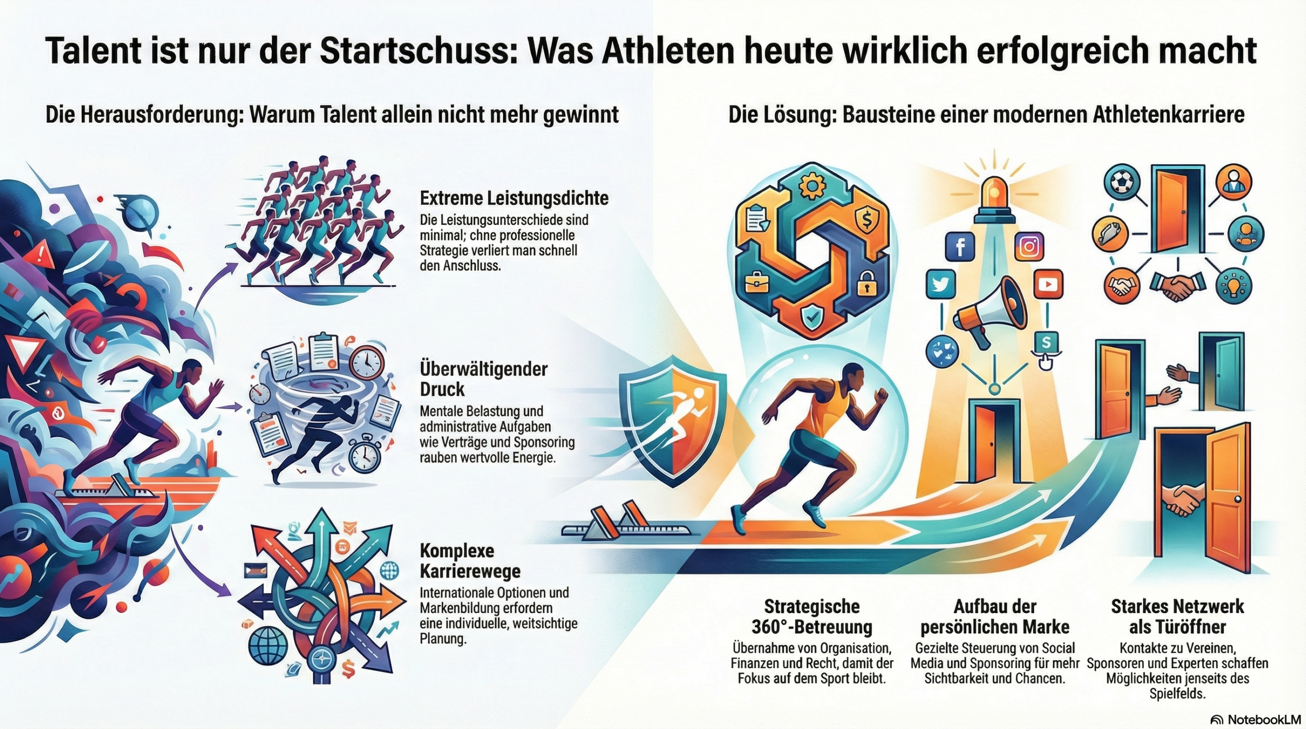 Infografik in deutscher Sprache, die mit Hilfe von farbigen Illustrationen von Sportlern und Symbolen die Herausforderungen, denen sich Sportler gegenübersehen, wie hohe Leistungsanforderungen und komplexe Karrieren, mit Lösungen wie strategischer Unterstützung, persönlicher Markenbildung und starken Netzwerken kontrastiert.