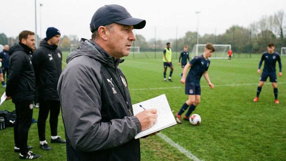 Ein Trainer in dunkler Jacke und Mütze schreibt in ein Notizbuch, während er den Fußballspielern beim Training auf einer Wiese zusieht. Im Hintergrund sind andere Mitarbeiter und Spieler der Mannschaft zu sehen.
